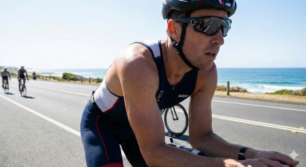 Triatleta usando lentes de protección visual deportiva.